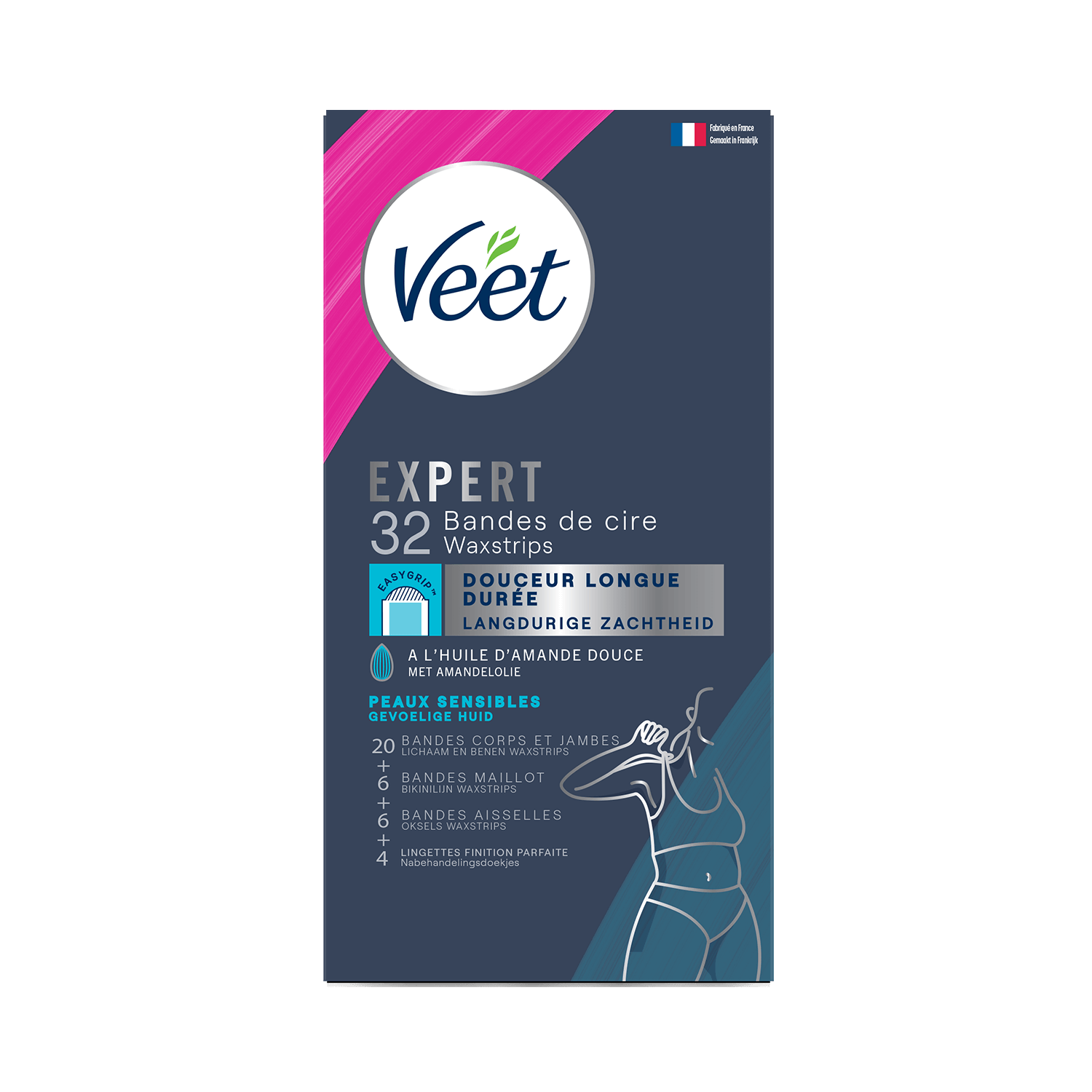 Veet Expert Bandes de cires froides pour peaux sensibles – Corps et jambes, Maillot, Aisselles, Coffret x32| Veet